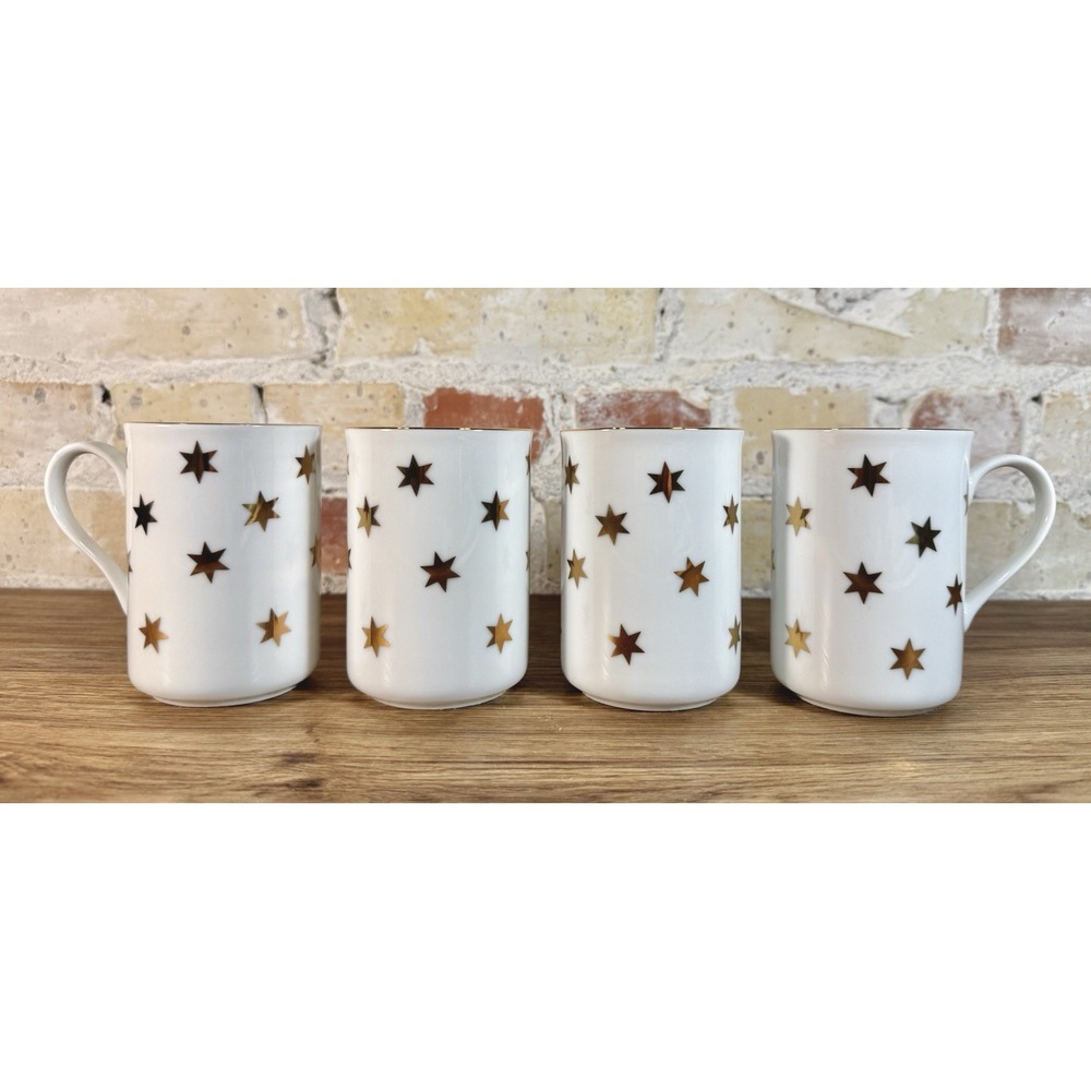American Atelier Party Time 4 Mugs Hot Cold Gold 6 Pt Star David 8" Drink White